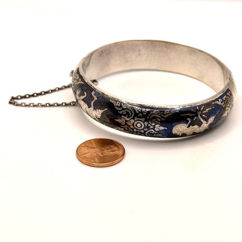 Vintage 50s Stamped Siam Sterling Silver Blue Niello Hinged Bangle